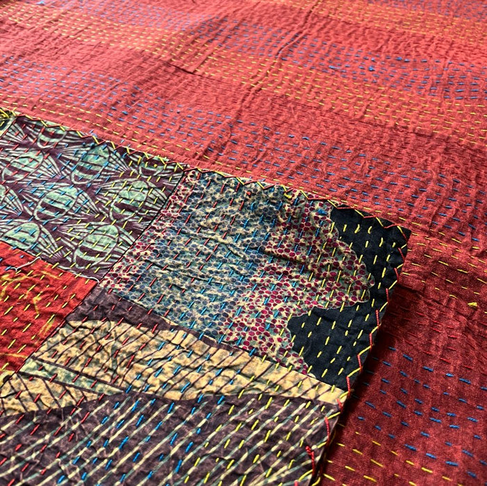Akhfash : Multicoloured Patchwork Bedcover with Kantha Work ( Double )