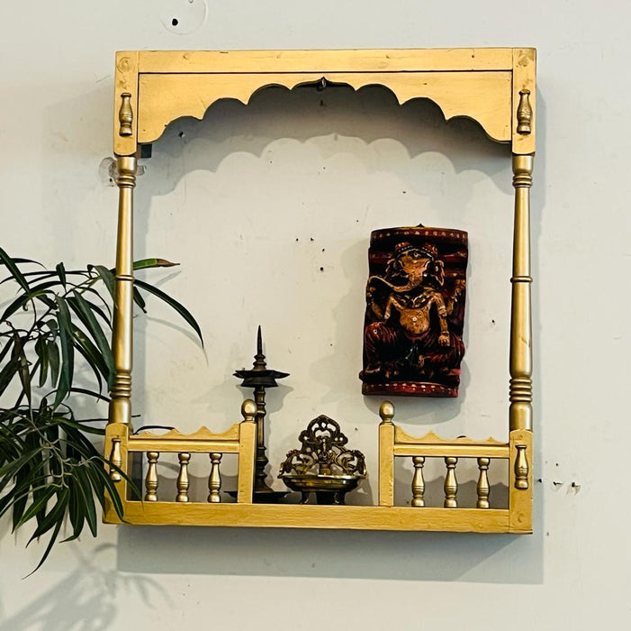 Aqsa : Delicate ,Golden Wooden Jharokha  with Scalloped Panel and a Shelf (2 feet +)