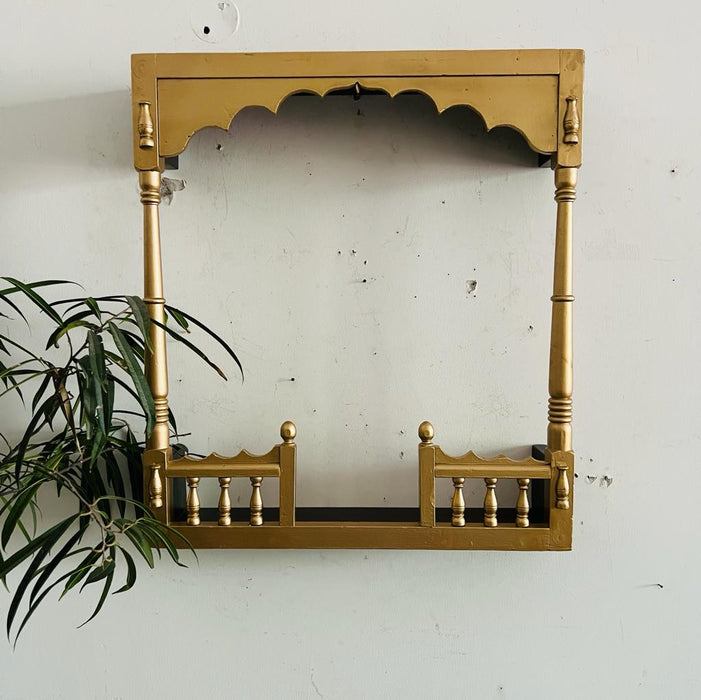 Aqsa : Delicate ,Golden Wooden Jharokha  with Scalloped Panel and a Shelf (2 feet +)
