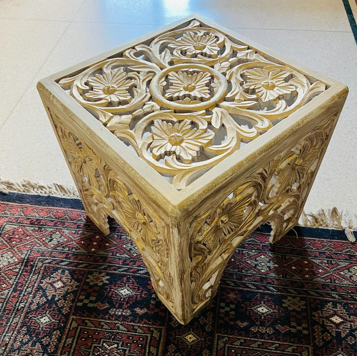 Guftagu 3  : Wooden  Carved Cube  Side table ( White Gold Distress)