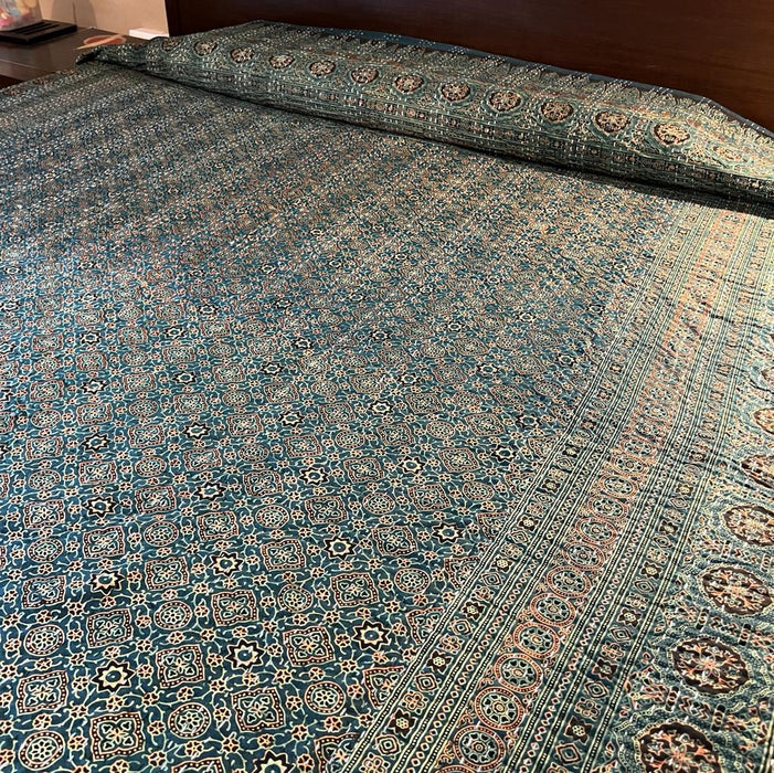 Gul:  Blue And Orange Ajrakh Bedcover with Kantha Work ( Double )
