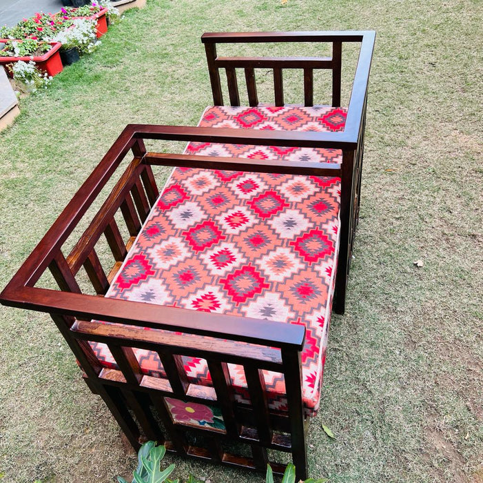 Musarrat : Love Seat with Antique Tiled Panels and Red Ikat Style Upholstry