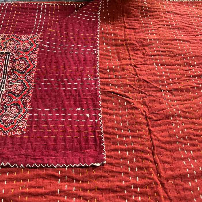 Nafia : Shades of Red  Ajrakh Bedcover with Kantha work ( Double )