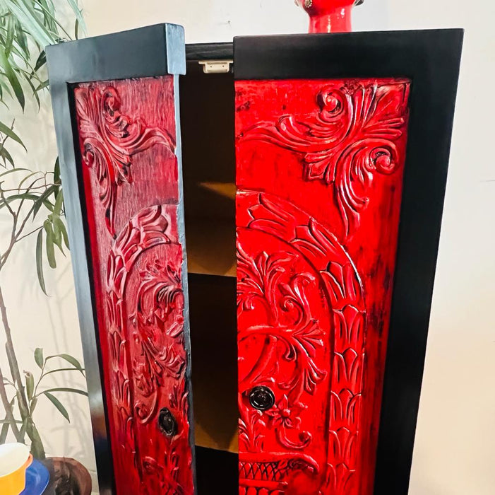 Nahiza : Red and Black Carved Shutters Wooden Cabinet (4 feet +)