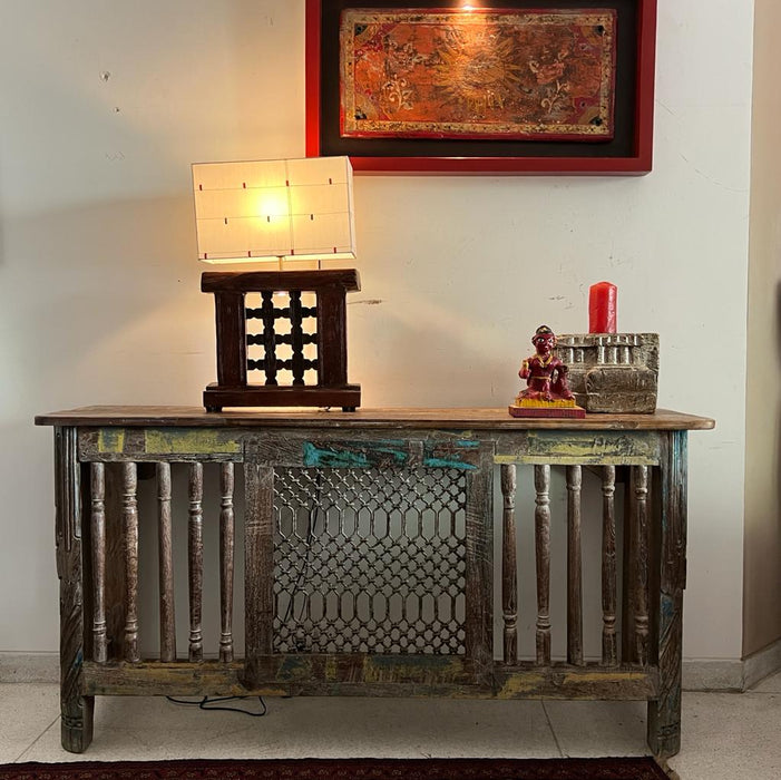 Shabab : Wooden Long Console with Metal  Jali and Columns