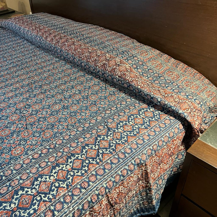 Sharvil : Blue - Green Ajrakh Print Bedcover with Kantha Work ( Double )