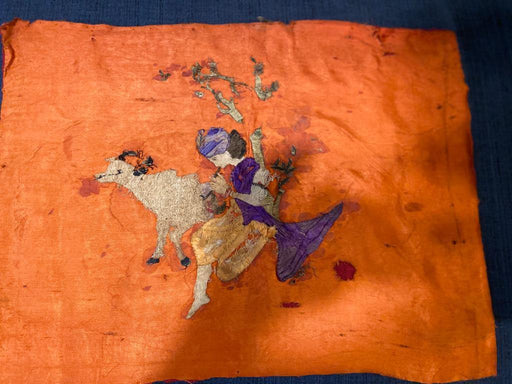 Krishna with cow : Vintage Embroidered Textile - Khojcrafts