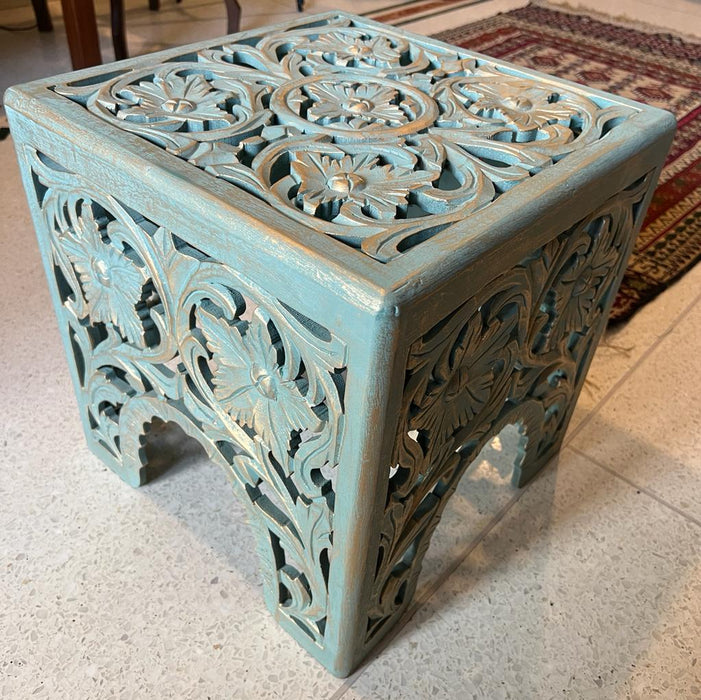 Guftagu 1  : Carved Cube Side table ( Blue Gold)