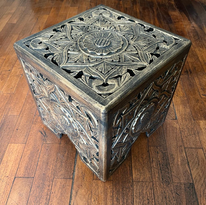 Guftagu 2  : Wooden  Carved Cube  Side table ( Gold Distress)